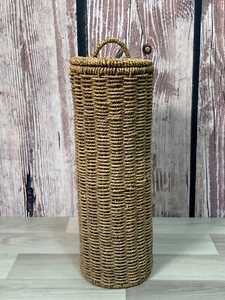 Wicker Rattan Basket with Lid Round Cylinder Storage Home Decor Hall Bathroom - Picture 1 of 6