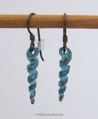 Copper Patina Turritella Shell Earrings - Hypoallergenic Niobium Earwires - Image 1 of 3
