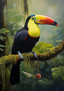 Tucán facturado en quilla, póster de pájaro de la selva, decoración de arte de pared, impresión de pájaro salvaje tropical - Imagen 1 de 4