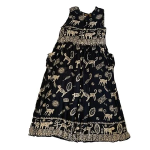 Maxi Vestido Bila M Negro Sin Mangas Estampado Novedad Gato Sol Plisado Acordeón Rayón - Imagen 1 de 9