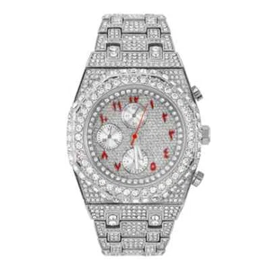 Men Watch Silver Plated Stainless Steel Arabic Simulated Diamond Full Iced Band - Picture 1 of 4