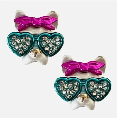 Betsey Johnson French Bulldog Stud Earrings Blue Glitter Sunglasses Pink Bow New - Image 1 of 4
