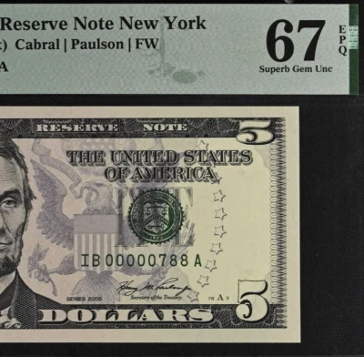 2006 $5 FRN New York PMG 67EPQ superb gem low serial number 00000788 - Image 1 of 3