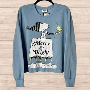 Snoopy Peanuts Cropped Sweatshirt Merry & Bright Size Large Top NEW Blue Sweater - Picture 1 of 12