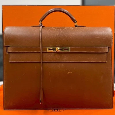 HERMES Paris Kelly Depeche 38 Maletín Bolso de Negocios Cuero Marrón Dorado Auténtico Foto 1 de 4