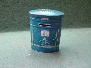 Seltene 30er Jahre blaue Litho Weißblech Luftpost GR Briefkasten Spardose mit abnehmbarem Deckel - Bild 1 von 11