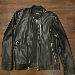 Guess Mens Large Leather Zip Up Jacket jet Black with metal zippers lightly used