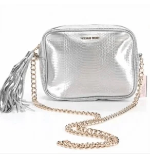 Victoria's Secret Silver Snake Crossbody Bag Purse Gold Chain Strap Tassel NEW - Picture 1 of 9