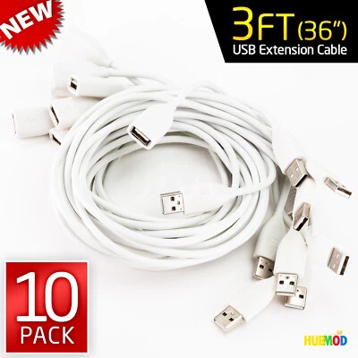 Lot of 10 Flip USB Cable Cord 3' Ft (36") Extension A-Male to A-Female M-F White - Image 1 of 4