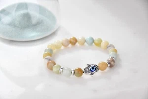 Pulsera de mano Hamsa griego malo de ojo turco cordón elástico auténtica piedra natural - Imagen 1 de 4