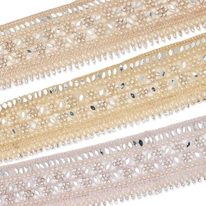 2.5 Inch Beaded Rhinestone Floral & Mirrored Metallic Corded Mesh Lace Trim - Picture 1 of 16