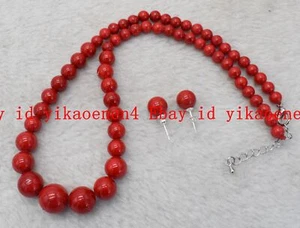 Natural 6-14mm Red Coral Round Gemstone Beads Necklace Earrings Set 18'' AAA - Picture 1 of 12