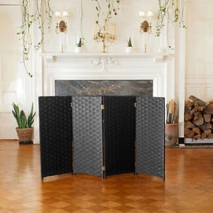 3 ft. Short Woven Fiber Folding Screen - 4 Panel - Black - Picture 1 of 7
