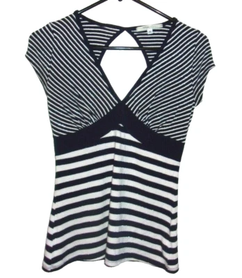 Hot Kiss Blue White Silver Striped Short Sleeve Top M - Imagem 1 de 4