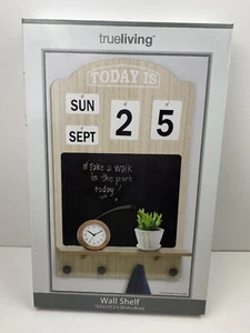 Wall Mounted Wooden Shelf Chalkboard Calendar Decor Display 4 Hooks Brown - New - Picture 1 of 6
