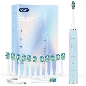 SEJOY Sonic Electric Toothbrush Rechargeable Power 12 Brush Heads 5 Modes Timer - Picture 1 of 72