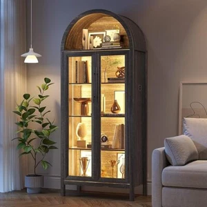 Arched Display Cabinet with Glass Doors, 5 Tier Storage Display Cabinet with LED - Picture 1 of 16