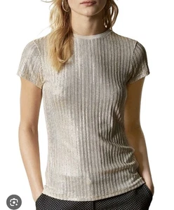 Ted Baker Top Size 5/12  Blouse Cap Sleeve Scoop Neck Ribbed Shimmer Beige  - Picture 1 of 12