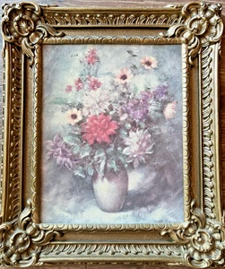 VTG Signed Burwood Products Art ~ 1969 ~ Gold Ornate Frame ~ Flowers in a Vase - Picture 1 of 15