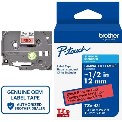Cinta de etiqueta P-Touch genuina Brother TZe-431 negra sobre roja 12 mm 1/2" Foto 1 de 4