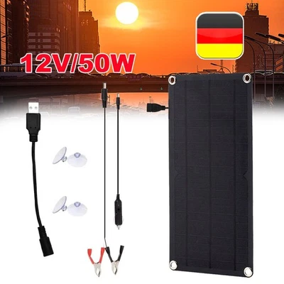 12V 50W Solarpanel Ladegerät für kfz Autobatterie, tragbares Solarmodul Aufladen - Bild 1 von 4