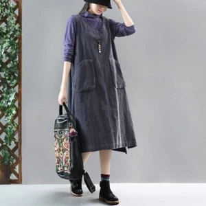 Lady Warm Midi Corduroy Dress Sleeveless Big Swing Loose Casual Pullover Dress - Picture 1 of 9
