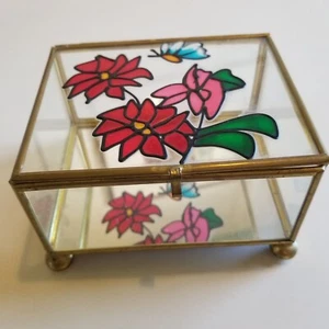 Vtg Jewerly Trinket Box Floral Stained Glass Style Mirrored Footed Base - Picture 1 of 10