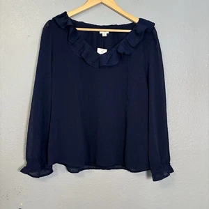 NWT J. Crew Women’s V-neck shimmery clip-dot ruffleneck top Navy Sz Medium - Picture 1 of 12