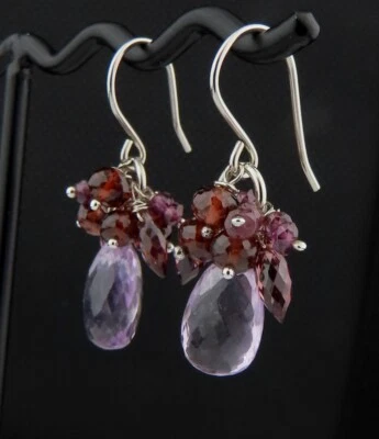 Pendientes colgantes de plata con racimo de granate rojo amatista rosa Foto 1 de 4