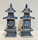 Pair Of Blue & White Porcelain Chinese Pagoda Lidded Tea Jars 