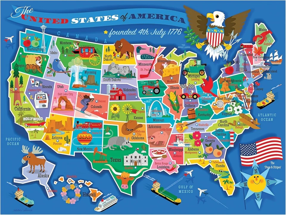 Mapa dos EUA quebra-cabeça para crianças – 100 peças grandes, 24 x 18” – unidade educacional - Imagem 1 de 4