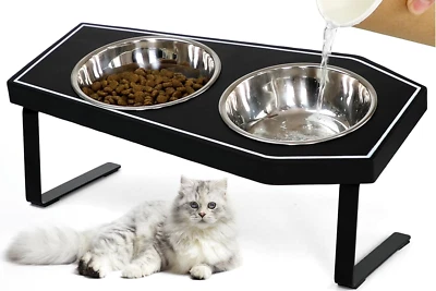 Raised Cat Bowls for Indoor Cats with Non-Slip Stand & Wood Board, Gothic Style Foto 1 de 4
