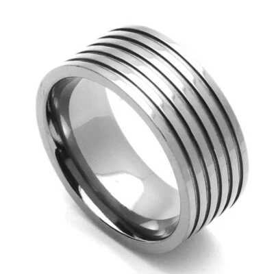 Men Women 9MM Comfort Fit Titanium Wedding Band Flat Stripped Ring - Image 1 of 2