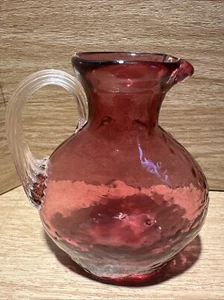Hand Blown Pilgrim Cranberry Glass Pitcher Small 4.5" Clear Applied Rib Handle - Picture 1 of 10