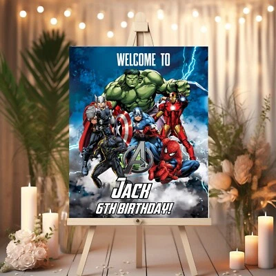 Cartel de bienvenida de feliz cumpleaños personalizado de superhéroe decoración de cartel de fiesta A2 A3 A4 Foto 1 de 4