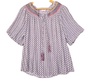 KNOX ROSE Top Women's Large Embroidered Front Tie Rayon Tunic Lightweight Blouse - Picture 1 of 7
