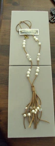 NEW LOST & FOUND 32" GOLD TONE LEATHER FAUX PEARLS GLASS CRYSTALS NECKLACE #ve - Picture 1 of 5