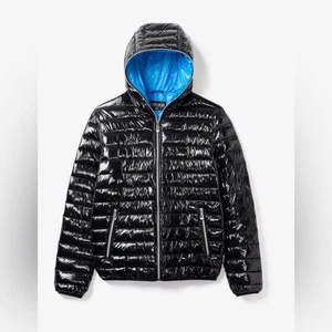 NWT Noize Noize FINN Glossy Puffer Jacket with Hood Black / Blue Size M - Picture 1 of 3