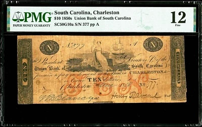 SC $10 CHARLESTON Union Bank of South Carolina 1858 PMG Fine 12 Haxby SC-50 G10a - Image 1 of 2