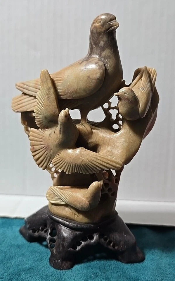 Старинный ручной резьбы птицы дерево китайский темно свет мыльный камень ножки статуэтка 6,5 «H - Изображение 1 из 4