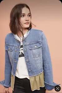 Pilcro And The Letterpress Raw Hem Denim Jean Jacket Olive Peplum Ruffle Sz. XS - Picture 1 of 9