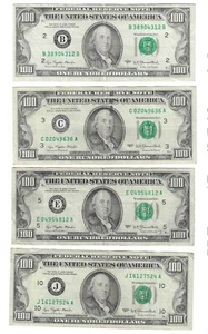 4 Diff 1977 $100 Notes New York Philadelphia Richmond Kansas City CHOICE L45 - Picture 1 of 2