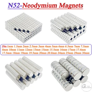N52 Magnets Dia 1mm to 30mm Neodymium Disc Super Strong Rare Earth Craft Magnet - Picture 1 of 8