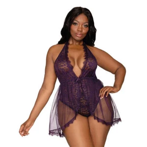 Dreamgirl Lingerie Halter Plunge Front Stretch Lace Teddy Eggplant 11513X - Picture 1 of 5