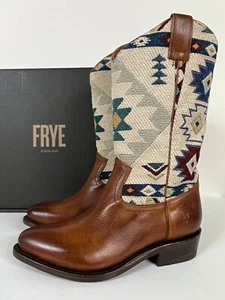 Womens Frye Billy Pull On Southwest $378 Brown Leather Embroidered Boots sz 7.5 - Picture 1 of 13