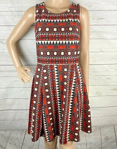 H&M Sleeveless Dress Size Small Orange Brown Geometric Pattern Fit & Flare Cute - Picture 1 of 12