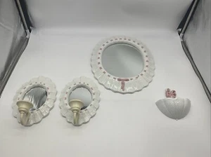 VTG Burwood White Plastic Hobnail With Pink Ribbon Mirror 2 Sconces And Planter - Picture 1 of 11
