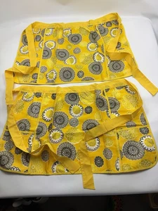 TWO Vintage 70s Vera Floral Apron Yellow Half Apron with Pockets - Picture 1 of 8