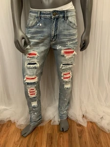 Reelistik NYC Distressed Skinny Blue Jeans Men’s 36x31 With Red Patches - Picture 1 of 20