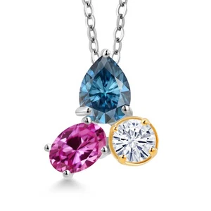 925 Sterling Silver and 10k Yellow Gold Persian Blue Moissanite Pink Created - Picture 1 of 4